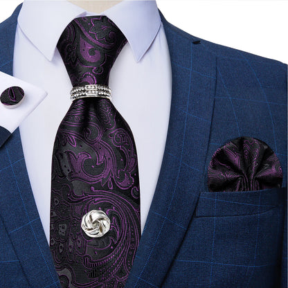 Striped  Necktie Handkerchief Cuffinks Ring Set