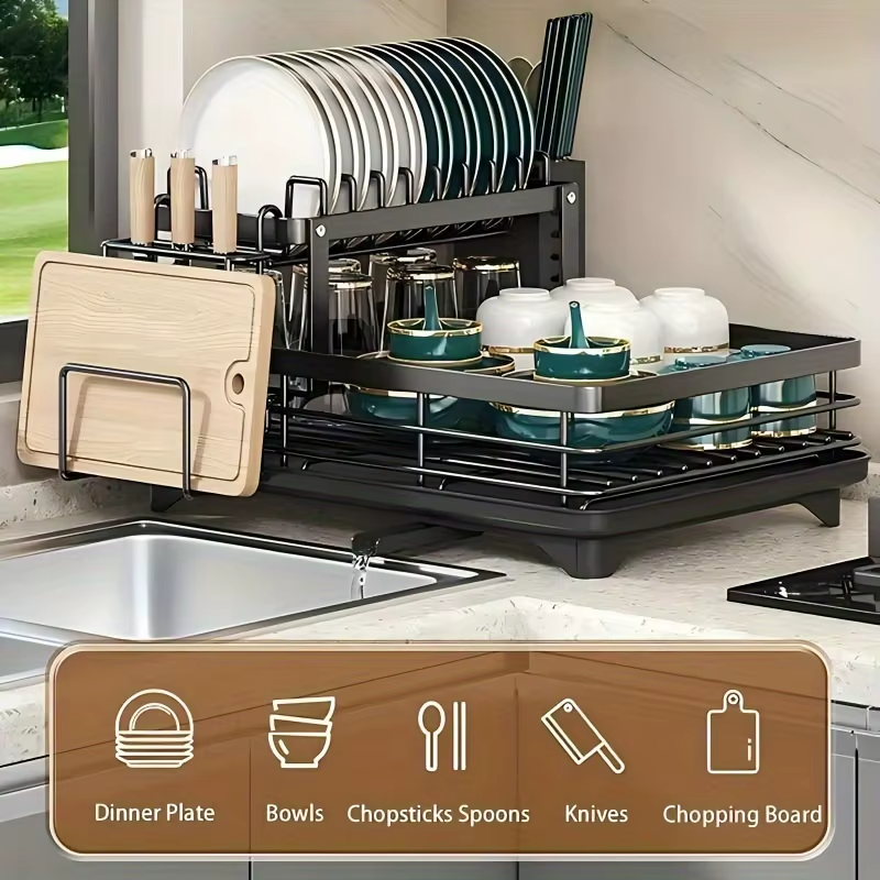 Double-tier extendable dish drainer,
