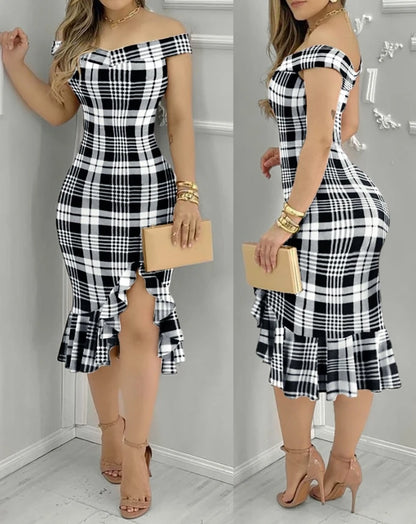 Casual Women's Dresses 2025 Spring Geometric Color Block Printed Ruffle Hem Off Shoulder Short Sleeved Casual Daily Midi Dress