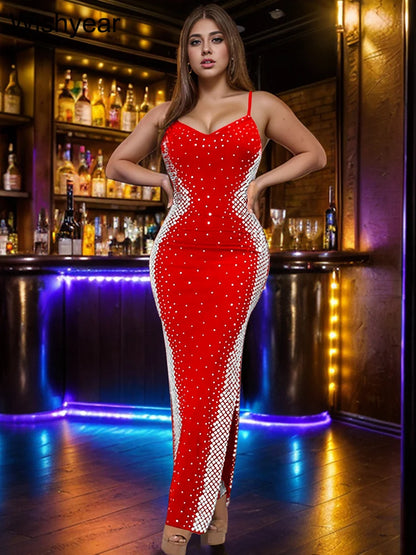 Wishyear - Vestidos de noche elegantes con tirantes y abertura alta para mujer, con cristales y diamantes de imitación, para invitadas de boda y cumpleaños