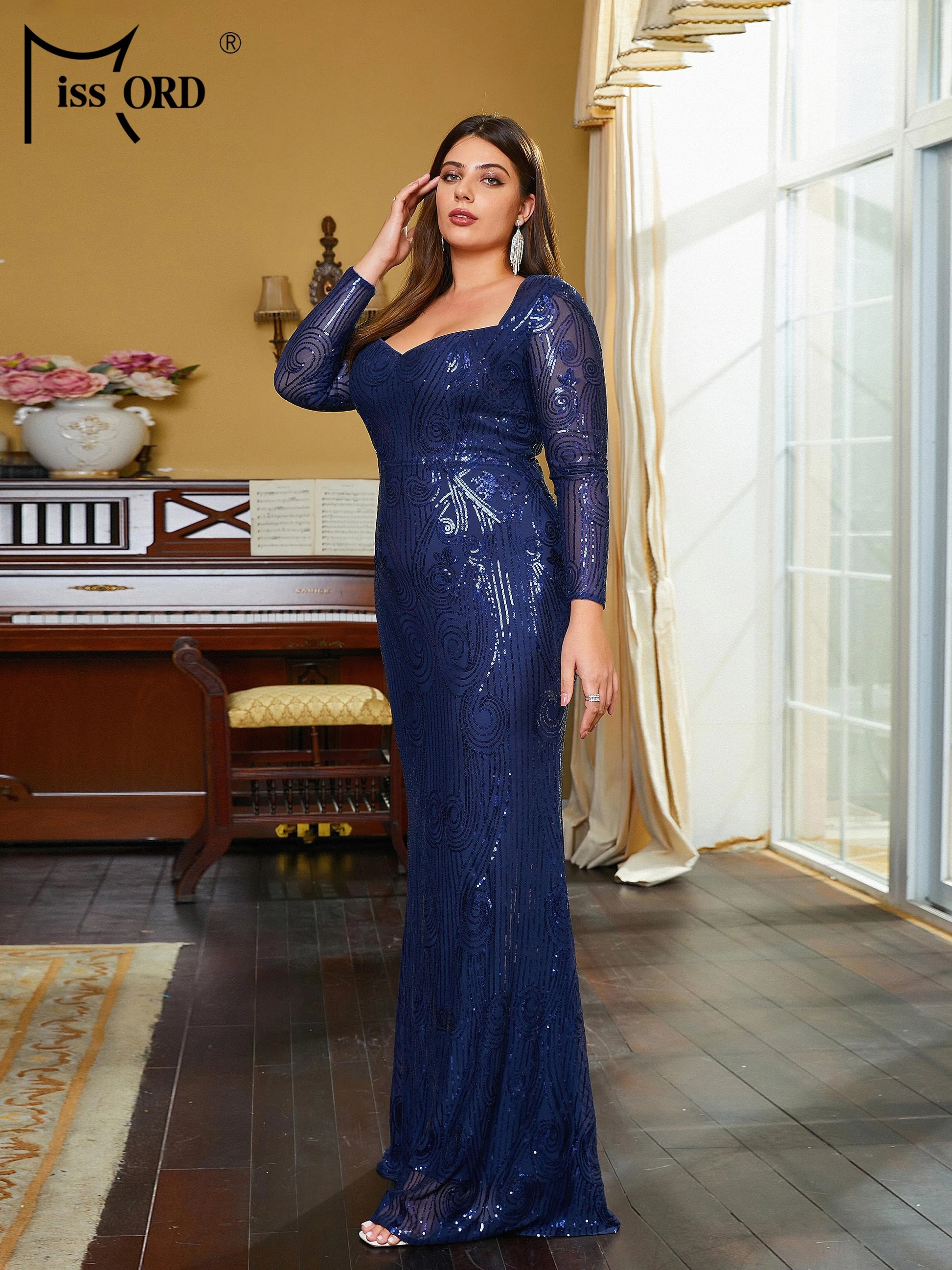 Missord Plus Size Blue Sweetheart Mermaid Long Sleeve Sequin Prom Party Evening Dress Formal Occasion Dresses San Remo Shops