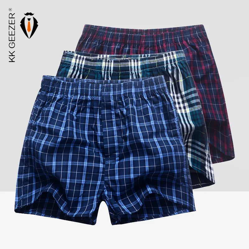 3Pcs/Lot Men Boxer Plaid Underpants 100% Cotton Underwear Male Sleep Bottoms Shorts Brand Top Quality Loose Homewear Oversize San Remo