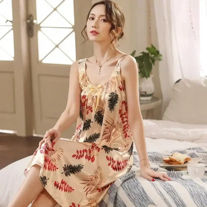 Plus Size 4XL Spaghettiträger Damen Nachtwäsche Luxus Blumendruck Elegantes Damen Satin Seide Nachthemd Damen Schlafshirts