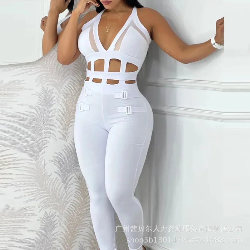 2025 Summer New Fashion Women's Solid Color Casual Trendy Skinny Hollowed Out Sleeveless Hanging Neck Jumpsuits Female Clothes
