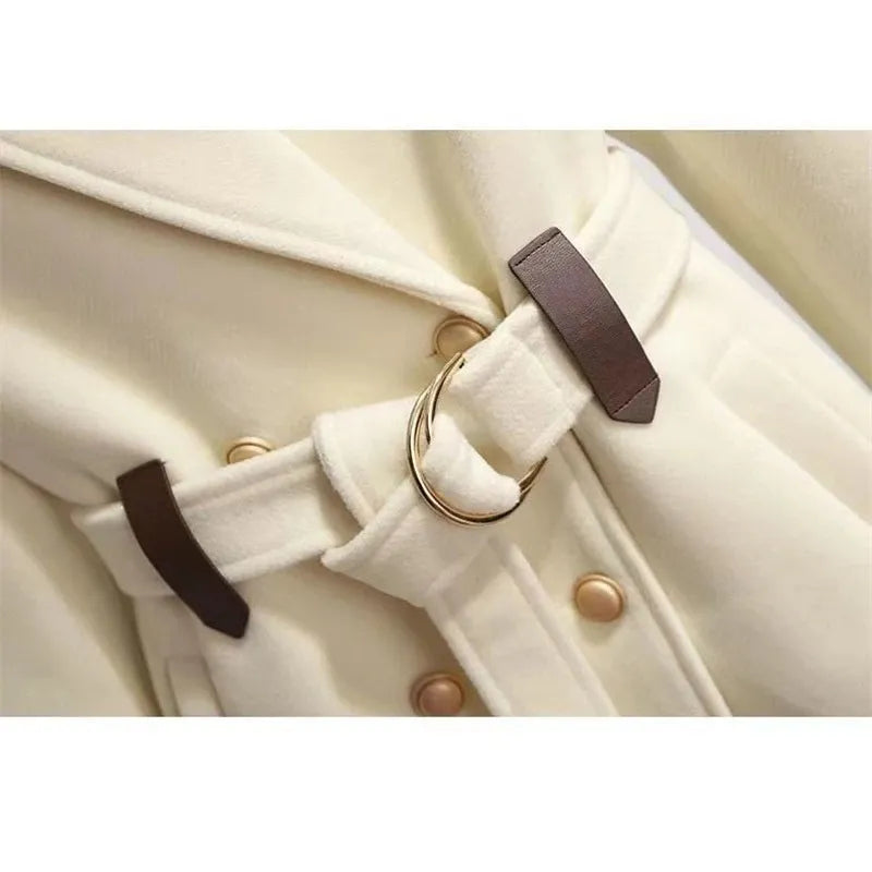 Womens Clothing Woolen Coats Slim Belt Elegant Long Coat Female Beige Black San Remo