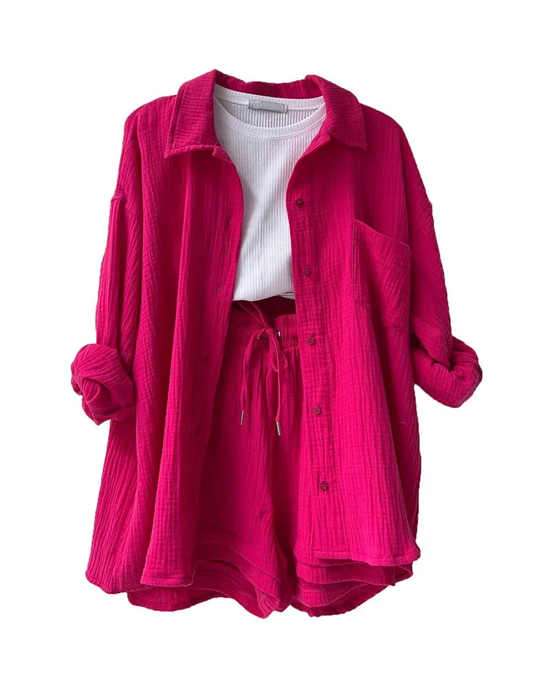 Summer Women's Suit Short Sets Outfits Muslin Suit For Women 2025 Two Piece Female Clothing Solid Button Outfits