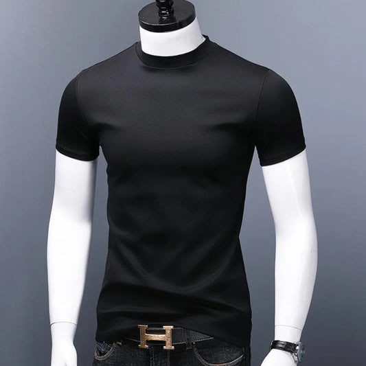 Men's Casual Turtleneck T-Shirts Short Sleeve Solid Slim Fit Silk High Neck Tops Inner Wear Trendy Round Neck Base Layer Shirt San Remo Shops