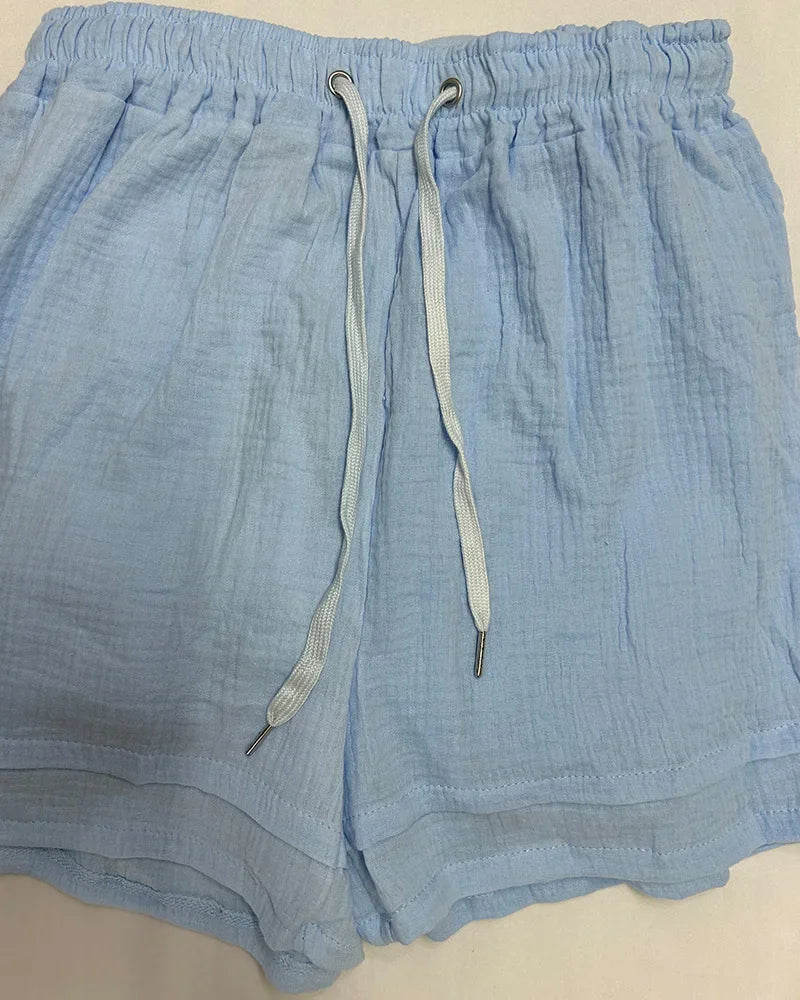 Summer Women's Suit Short Sets Outfits Muslin Suit For Women 2025 Two Piece Female Clothing Solid Button Outfits