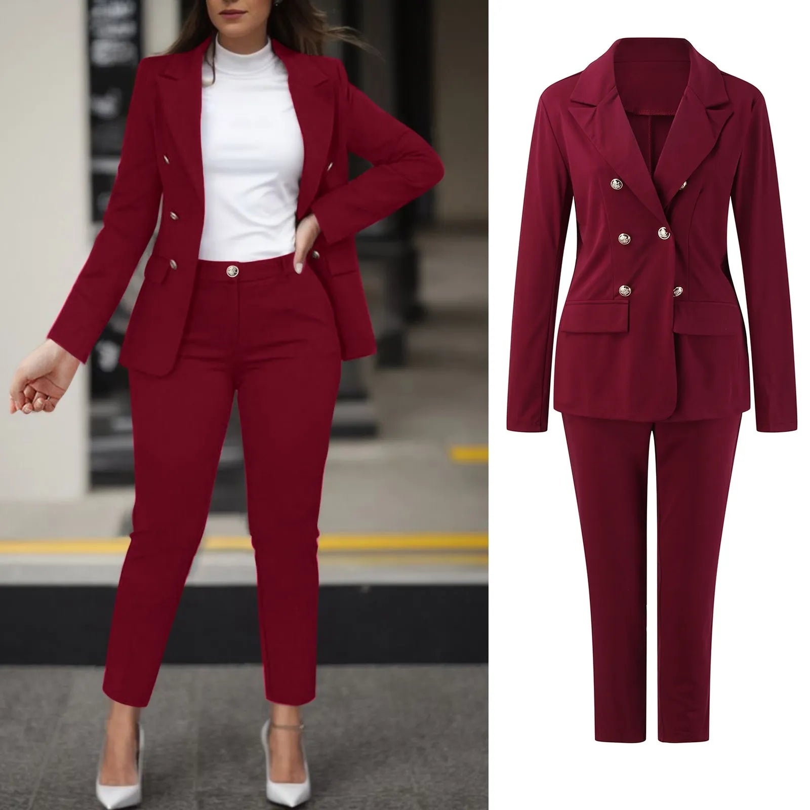 2023 Women's Two Pieces Pant Sets Formal Business Double Breasted Blazers Jacket And Pants 2 Piece Set Elegant Ladies Pant Suits San Remo Shops