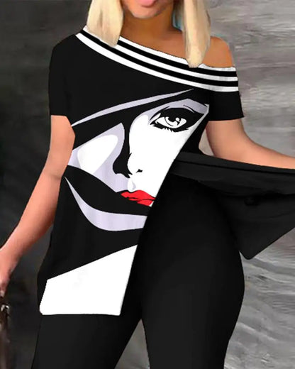 Conjunto de dos piezas para mujer, moda de verano, sexy, con hombros descubiertos, abertura, estampado, manga corta, top ajustado, leggings de cintura alta, pantalones, conjuntos.