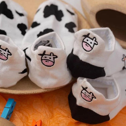 5 Paar Bootssocken für Damen mit Kuhmuster, trendige, vielseitige Cartoon-Streifensocken für Mädchen, weich, bequem, atmungsaktiv, lässige Socken