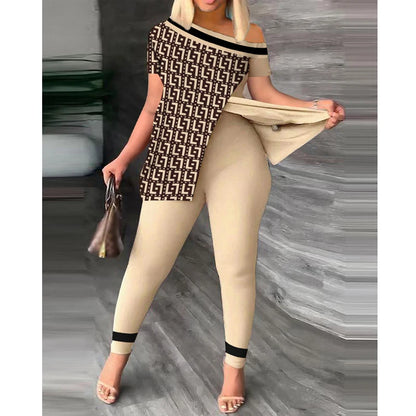 Conjunto de dos piezas para mujer, moda de verano, sexy, con hombros descubiertos, abertura, estampado, manga corta, top ajustado, leggings de cintura alta, pantalones, conjuntos.