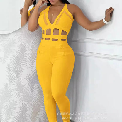 jumpsuits Casual Trendy Skinny Hollowed Out Sleeveless Hanging Neck One-Pieces