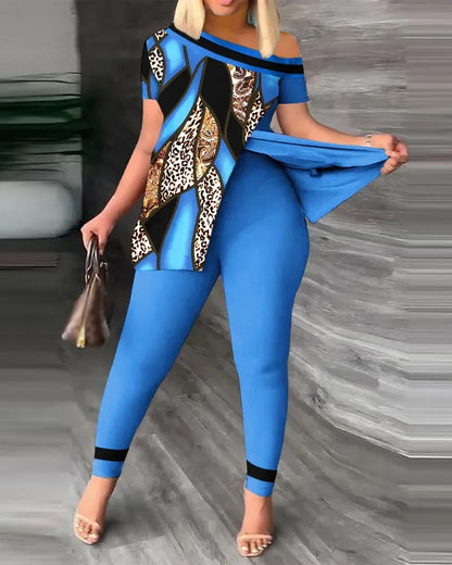 Summer Fashion Printed Two Piece Set Women Causa Off Shoulder Short  Sleeve Split T-Shirt Leggings Slim 2 Piece Suit Women