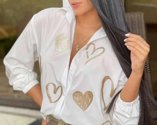 2023 Top Selling On Similar Deals Spring New Fashion Women's Heart Hot Stamping Button Up Commuting Casual Shirt Female Clothing San Remo