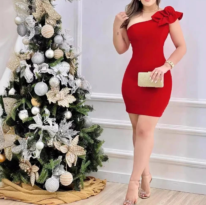 Womens Dresses 2024 Summer Elegant Red One Shoulder Sleeveless Skinny Temperament Mini Party Dress