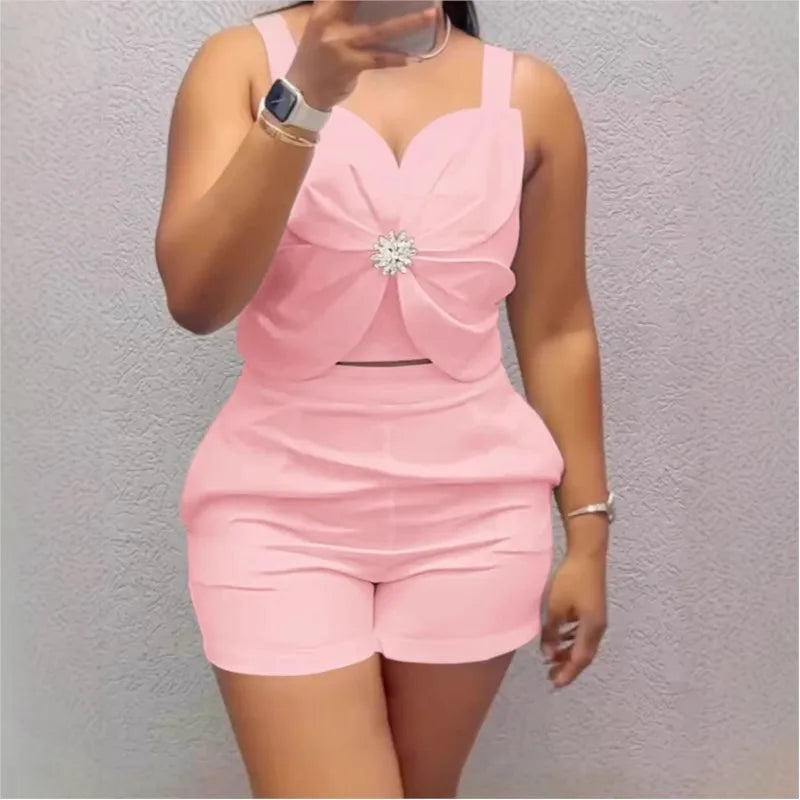 Women's Two Pieces Sets Outfit New Fashion Sexy Backless Folds Casual Vest Pockets Shorts Set For Women Black Summer Clothing