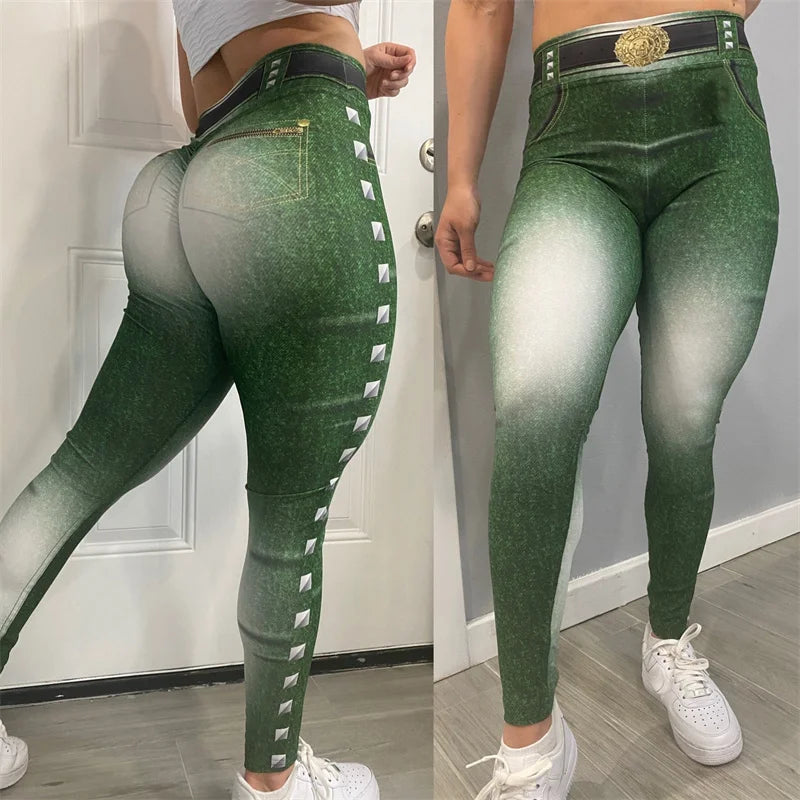 FCCEXIO Gradient Denim Print Women Pants Push Up Running Sports Leggings Slim Pants Female Casual Trousers Fitness Legging