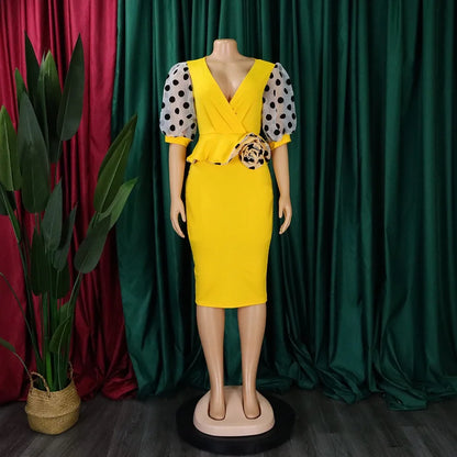 Kleid Büroarbeit für Frauen V-Ausschnitt Halbarm Polka Dot V-Ausschnitt Etuikleid Paket Hüfte Mitte Wade Professionelles Businesskleid Midi OL