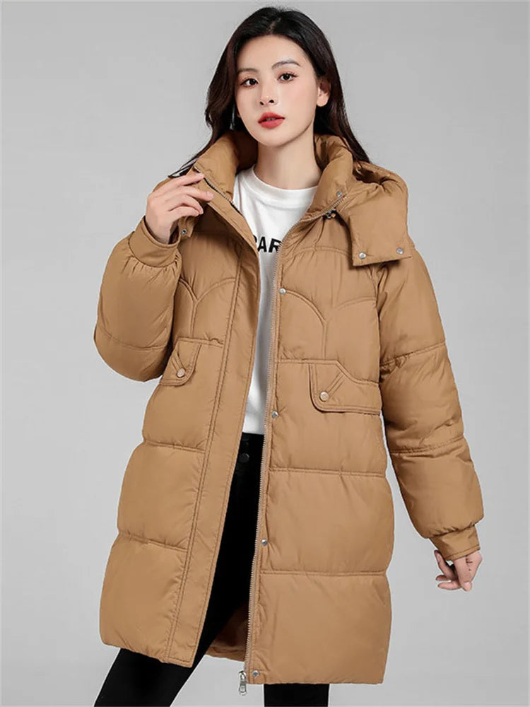 Down Cotton Coat Women New Fashion Long Loose Detachable Hooded Parkas Jacket Casual Thick San Remo