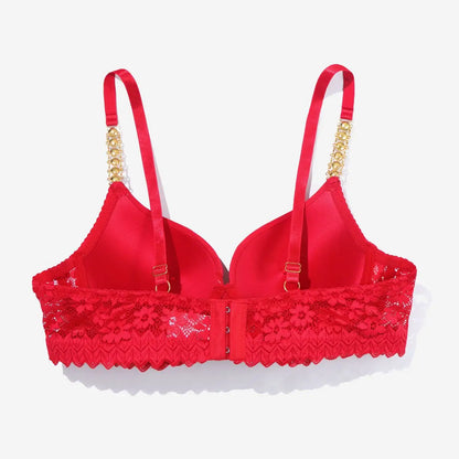 Push Up Padded Bra with Rhinestone and Metallic Texture Lace Design