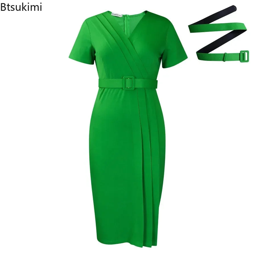 2024 Summer Women's Elegant Bodycon Dress Temperament Commuter Pencil Dress Lady Classic Short Sleeve Wrap Hip Dresses with Belt