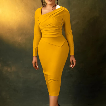 Elegantes Abendkleid für Damen im französischen Stil, Sommer 2024, lässig, langärmelig, Pendlertasche, Hüfte, schräger Halsausschnitt, plissierte Partykleider