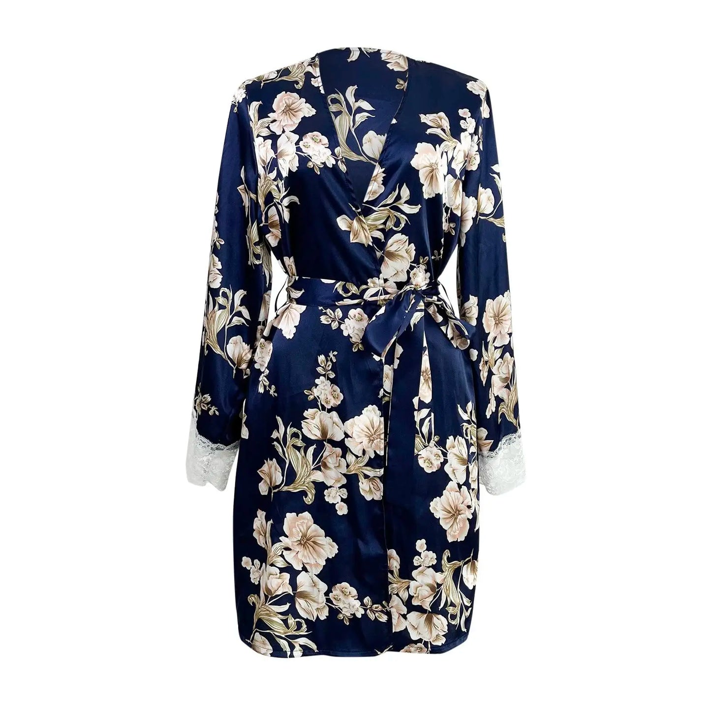 Women's Satin Nightgown Sexy Lace Patchwork Home Bathrobe Printed Robe with Belt Women's Bridal Party Casual Nightgown