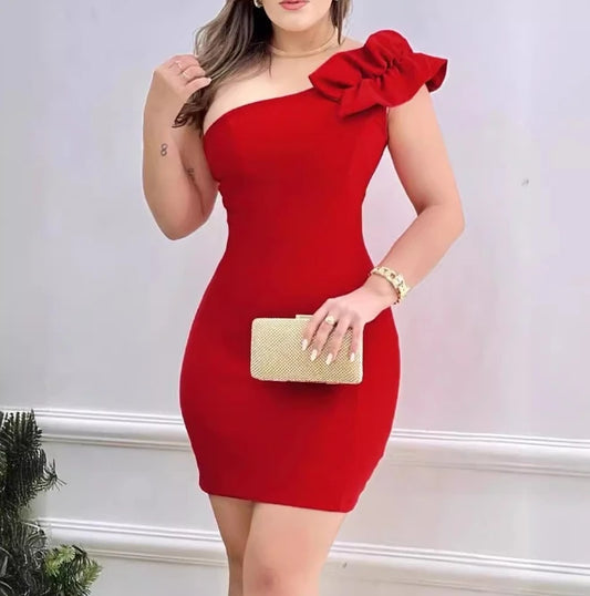 Womens Dresses 2024 Summer Elegant Red One Shoulder Sleeveless Skinny Temperament Mini Party Dress