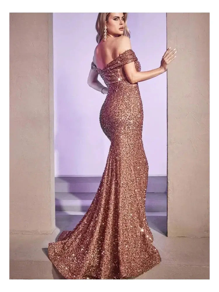 V-Neck Sexy Formal Backless Prom Party Gown Pink Elegant Sequins Off Shoulder Evening Dress Mermaid for Women San Remo Shops