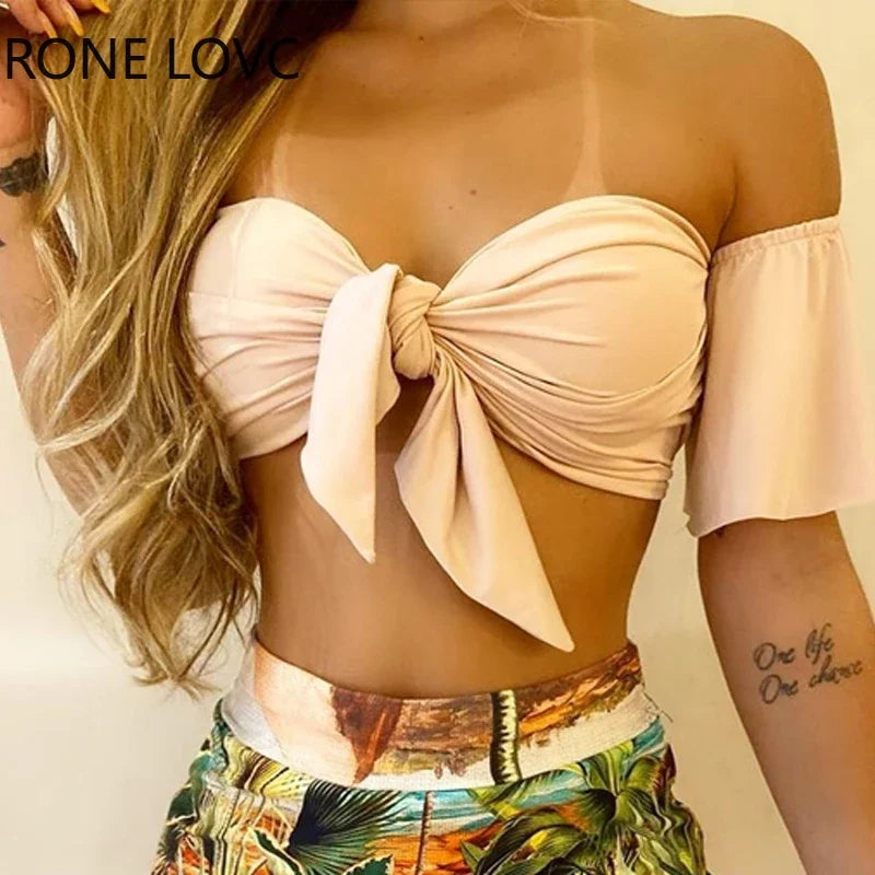 Women Off Shoulder Tie Front Top & Tropical Print Skirt Set  Casual 2 Pieces Set San Remo Shops