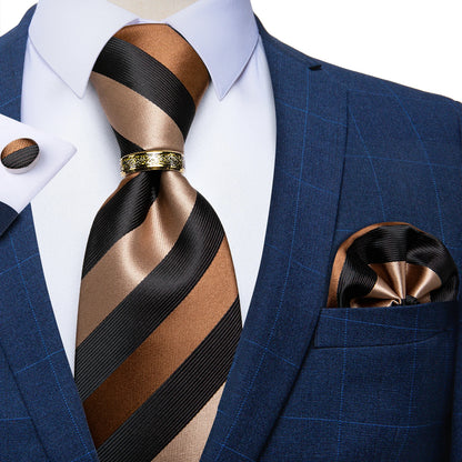 Tie Set Handkerchief Cufflinks With Gold Metal Ring 8CM Silk