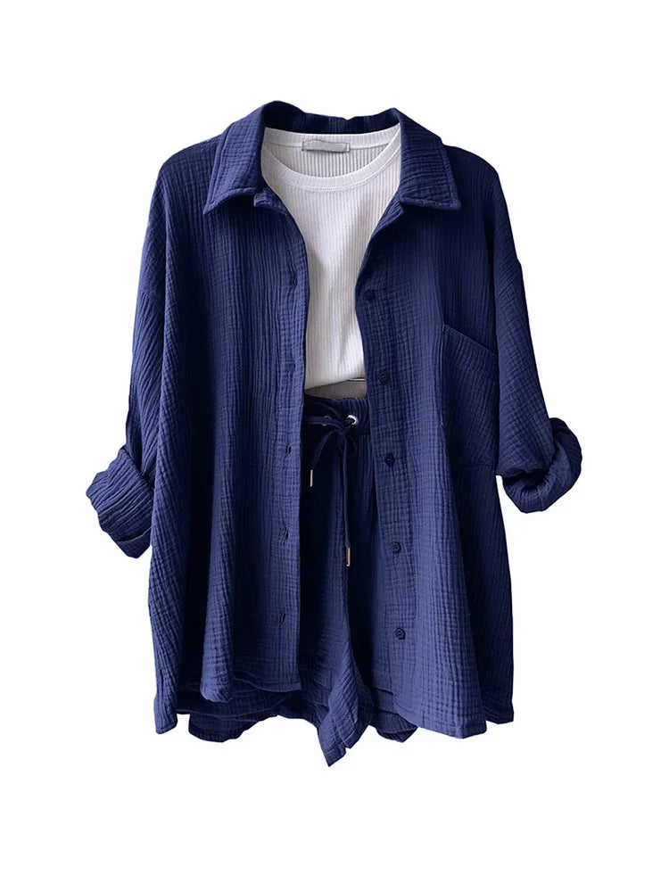 Summer Women's Suit Short Sets Outfits Muslin Suit For Women 2025 Two Piece Female Clothing Solid Button Outfits