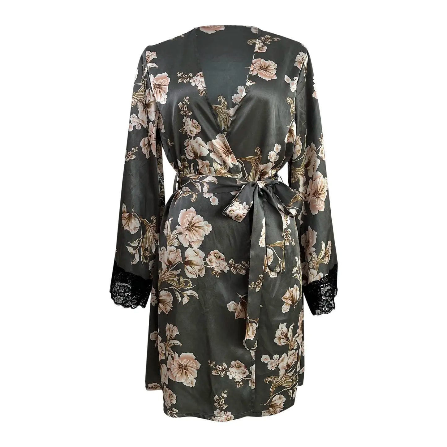 Women's Satin Nightgown Sexy Lace Patchwork Home Bathrobe Printed Robe with Belt Women's Bridal Party Casual Nightgown