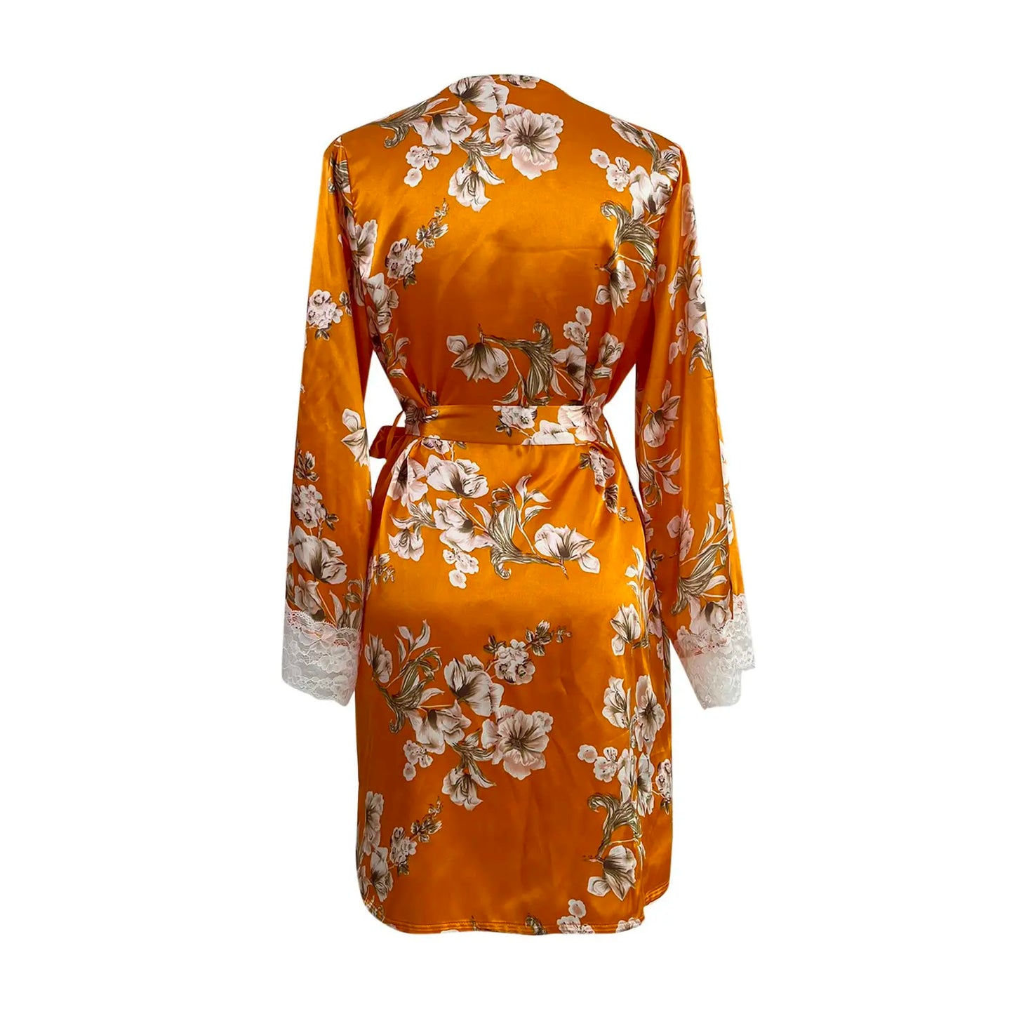 Women's Satin Nightgown Sexy Lace Patchwork Home Bathrobe Printed Robe with Belt Women's Bridal Party Casual Nightgown