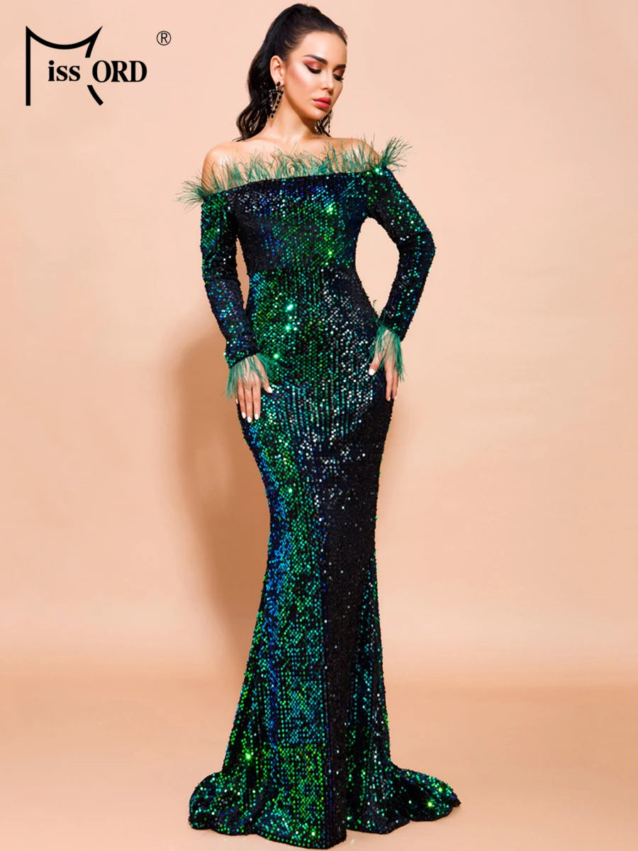 Missord Green Sequin Evening Dresses Elegant Women Off Shoulder Feather Long Sleeves Bodycon Maxi Mermaid Party Prom Dress Gown San Remo Shops