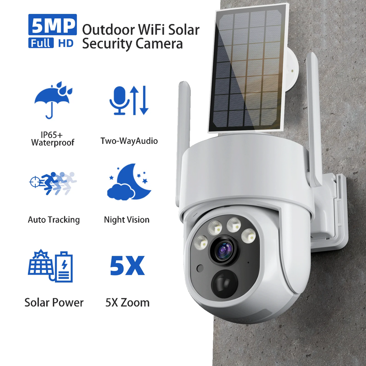 5MP Camera Wifi Outdoor 2K Surveillance Security Camera Solar Panel Surveillance Camera 7800mAh IP66 Wireless 2 Way Talk Detect San Remo