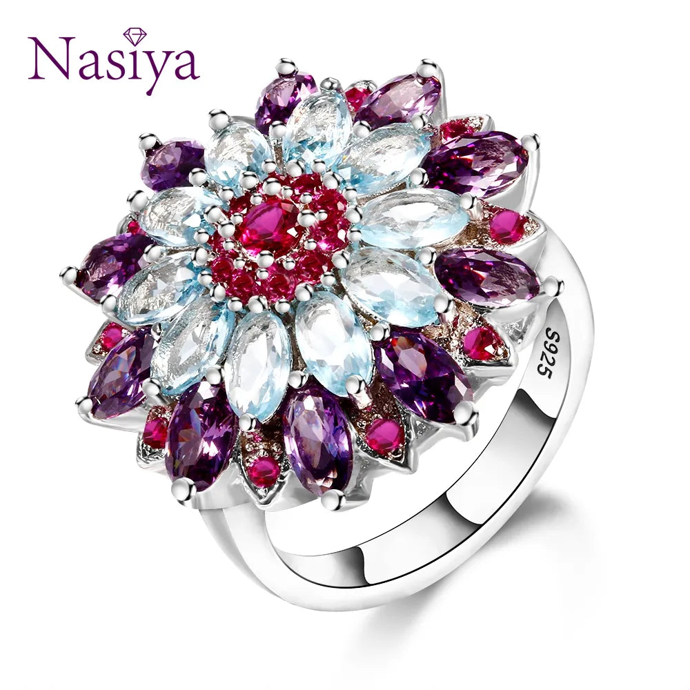 Nasiya Multicolor Gemstone Flower Shape Wedding Ring New Design Silver Color Jewelry Rings for Women Wholesale Jewelry San Remo