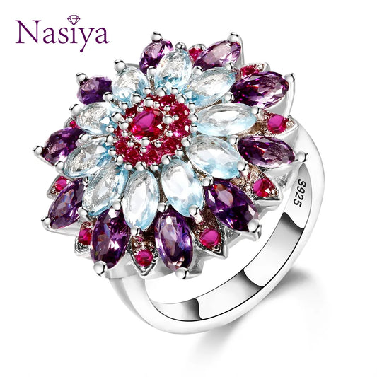 Nasiya Multicolor Gemstone Flower Shape Wedding Ring New Design Silver Color Jewelry Rings for Women Wholesale Jewelry San Remo