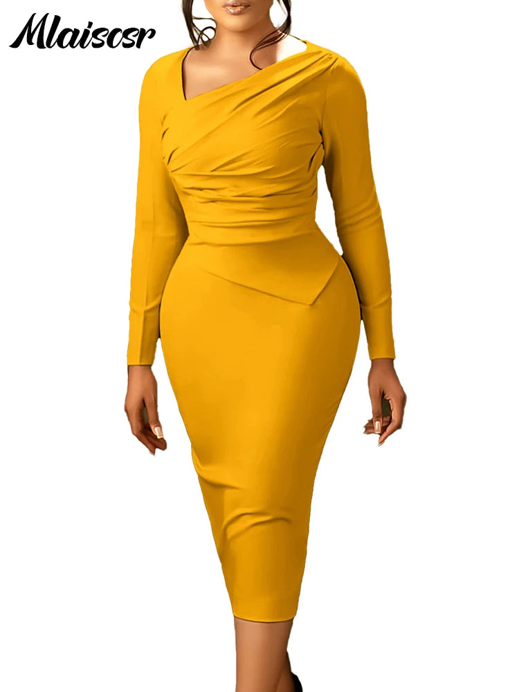 Mlaiscsr Office Ladies Yellow Mid Dress Women Elegant Long Sleeves Bodycon Classy Female African Birthday Prom Party Gowns Robe