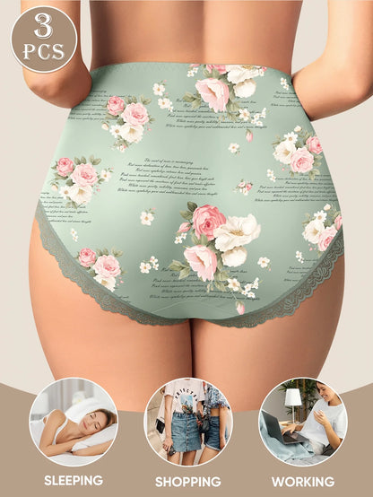 3pcs Women's High-Waisted Tummy Control Briefs Floral Print Underwear with Lace Trim Breathable Soft Fabric Elegant Lingerie