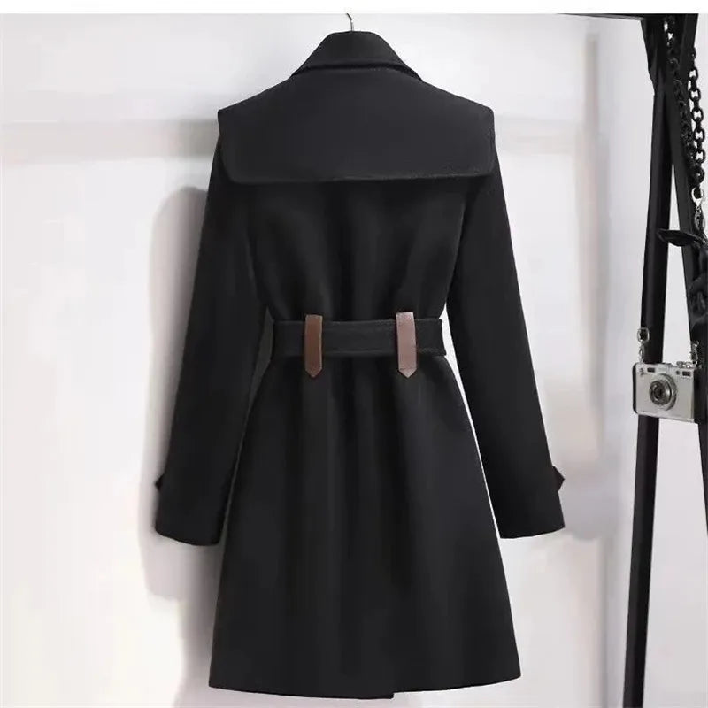 Womens Clothing Woolen Coats Slim Belt Elegant Long Coat Female Beige Black San Remo