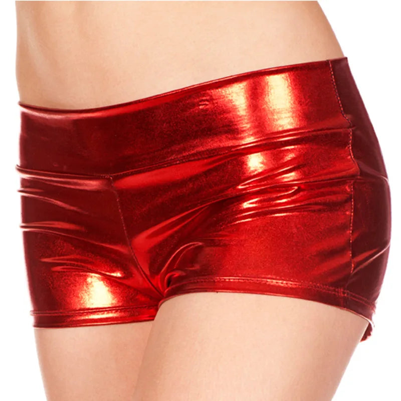Woman Sexy Shorts Shiny PU Shorts Mid Waist  Adult Purple Blue Red Silver Metallic Rave Booty Shorts Dance Leather Shorts S-2XL