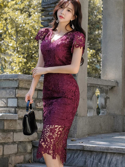 Elegant Women Evening Dress Casual Sexy Lace Sheer Floral Hollow V-Neck Short Sleeve Skinny Slim Party Club Vestido Mujer Summer