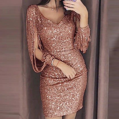 Women's Sexy Party Dress Sequin Fringe Long Sleeve Buttock Nightclub V Neck Elegant Slim Vestido Dresses For Ladies Clubwear