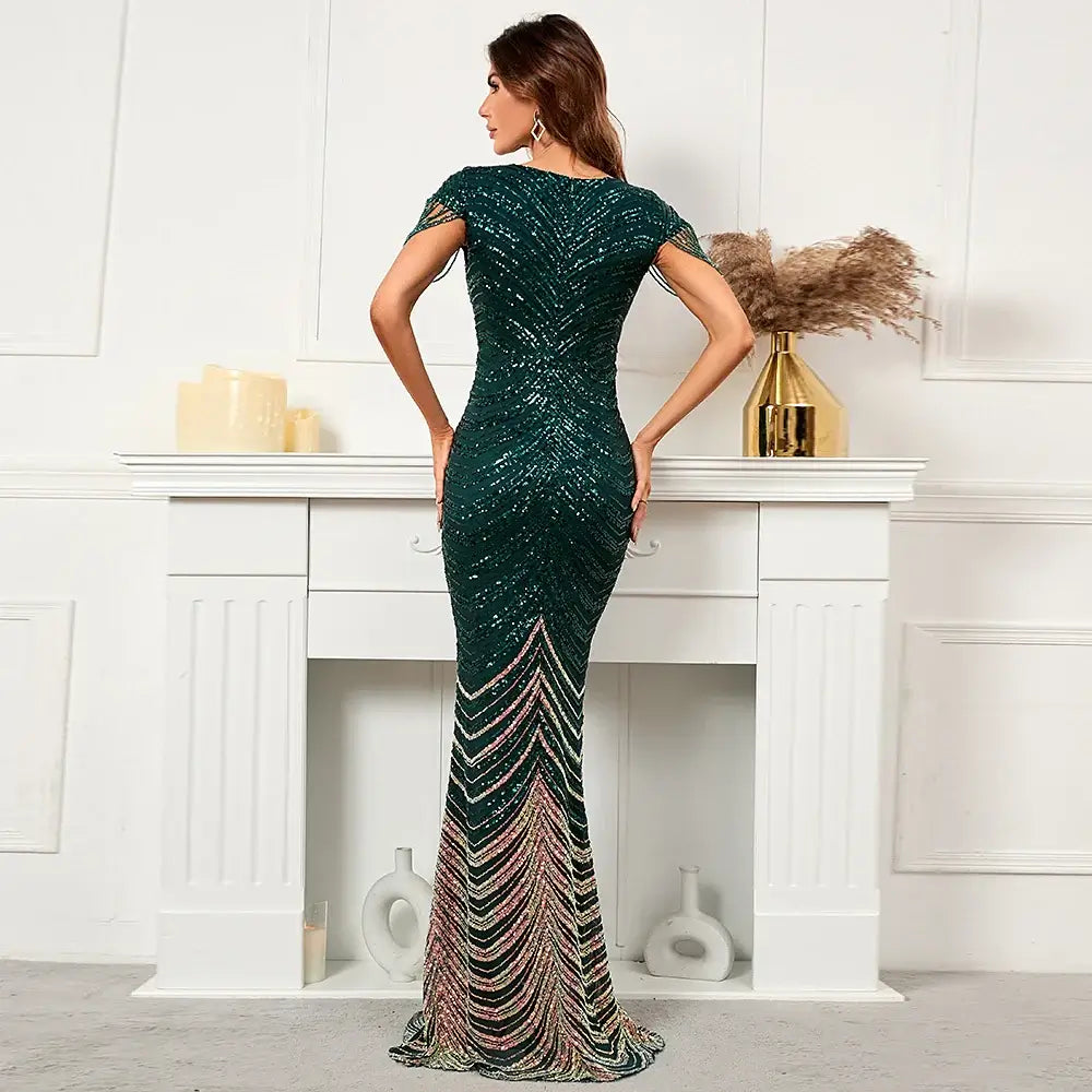 YIDINGZS Deep V Neck Green Sequin Evening Dress Sexy Party Maxi Dress Women Beading Dress Long Prom Dress San Remo Shops