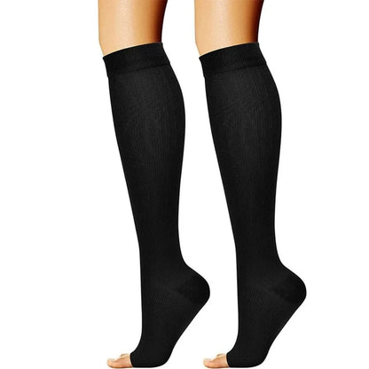 Open-toe compression socks engineered for circulation support