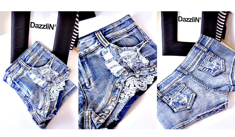 2023 Summer New Women's Hole Jeans Denim Lace Bead Shorts Korean Style San Remo Shops