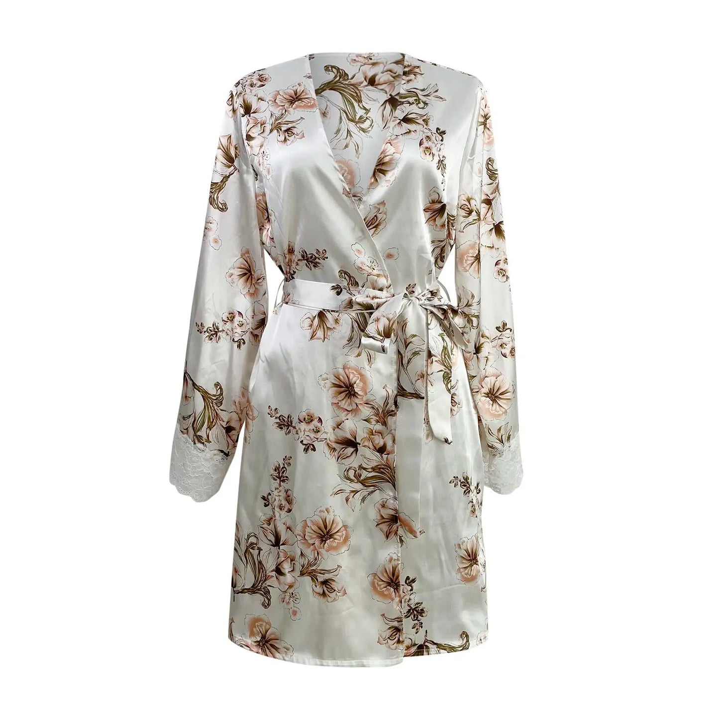 Women's Satin Nightgown Sexy Lace Patchwork Home Bathrobe Printed Robe with Belt Women's Bridal Party Casual Nightgown