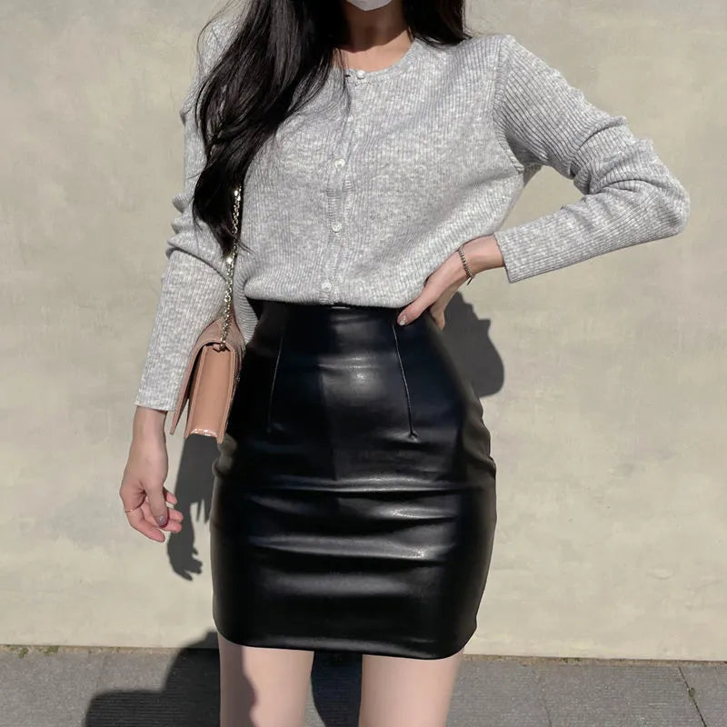 Black Mini Pu Leather Skirt Women Korean Fashion High-Waisted Elasticity Punk Style Bodycon Goth Sexy Skirts Female San Remo